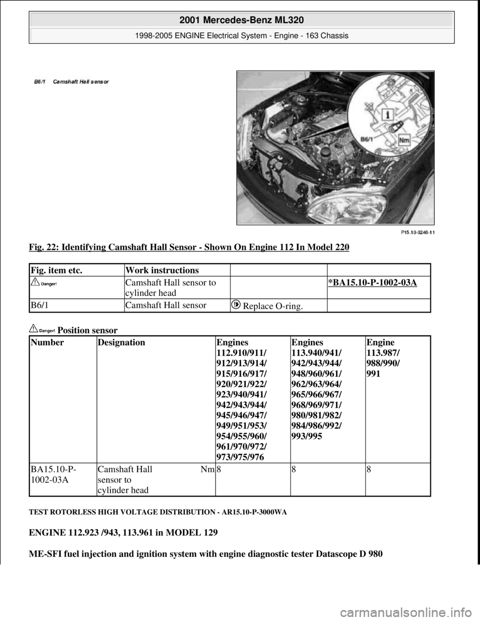 MERCEDES-BENZ ML350 1997  Complete Repair Manual Fig. 22: Identifying Camshaft Hall Sensor - Shown On Engine 112 In Model 220 
 Position sensor 
TEST ROTORLESS HIGH VOLTAGE DISTRIBUTION - AR15.10-P-3000WA 
ENGINE 112.923 /943, 113.961 in MODEL 129  