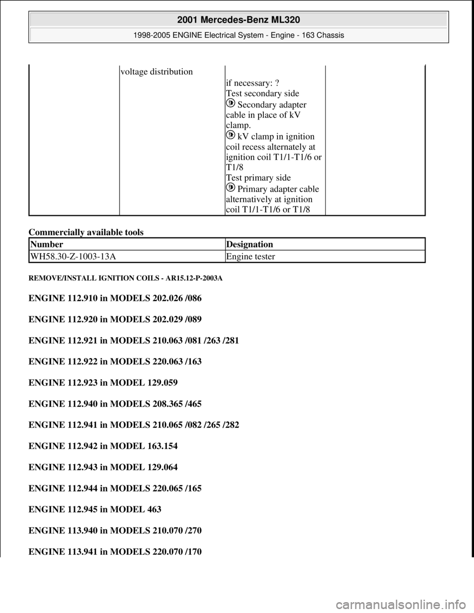 MERCEDES-BENZ ML350 1997  Complete Repair Manual Commercially available tools 
REMOVE/INSTALL IGNITION COILS - AR15.12-P-2003A 
ENGINE 112.910 in MODELS 202.026 /086  
ENGINE 112.920 in MODELS 202.029 /089  
ENGINE 112.921 in MODELS 210.063 /081 /26