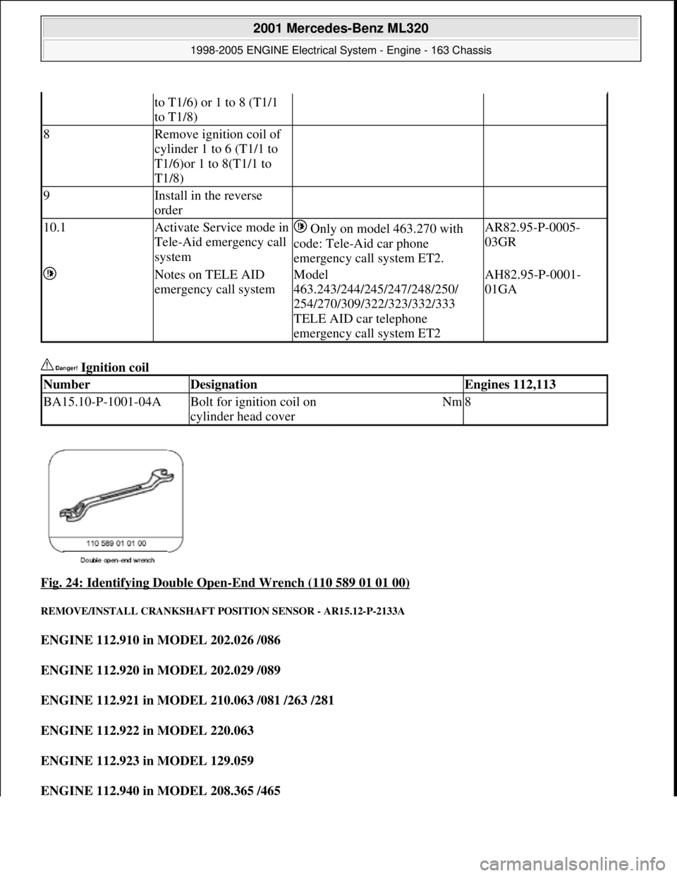 MERCEDES-BENZ ML350 1997  Complete Repair Manual  Ignition coil 
Fig. 24: Identifying Double Open
-End Wrench (110 589 01 01 00) 
REMOVE/INSTALL CRANKSHAFT POSITION SENSOR - AR15.12-P-2133A 
ENGINE 112.910 in MODEL 202.026 /086  
ENGINE 112.920 in M