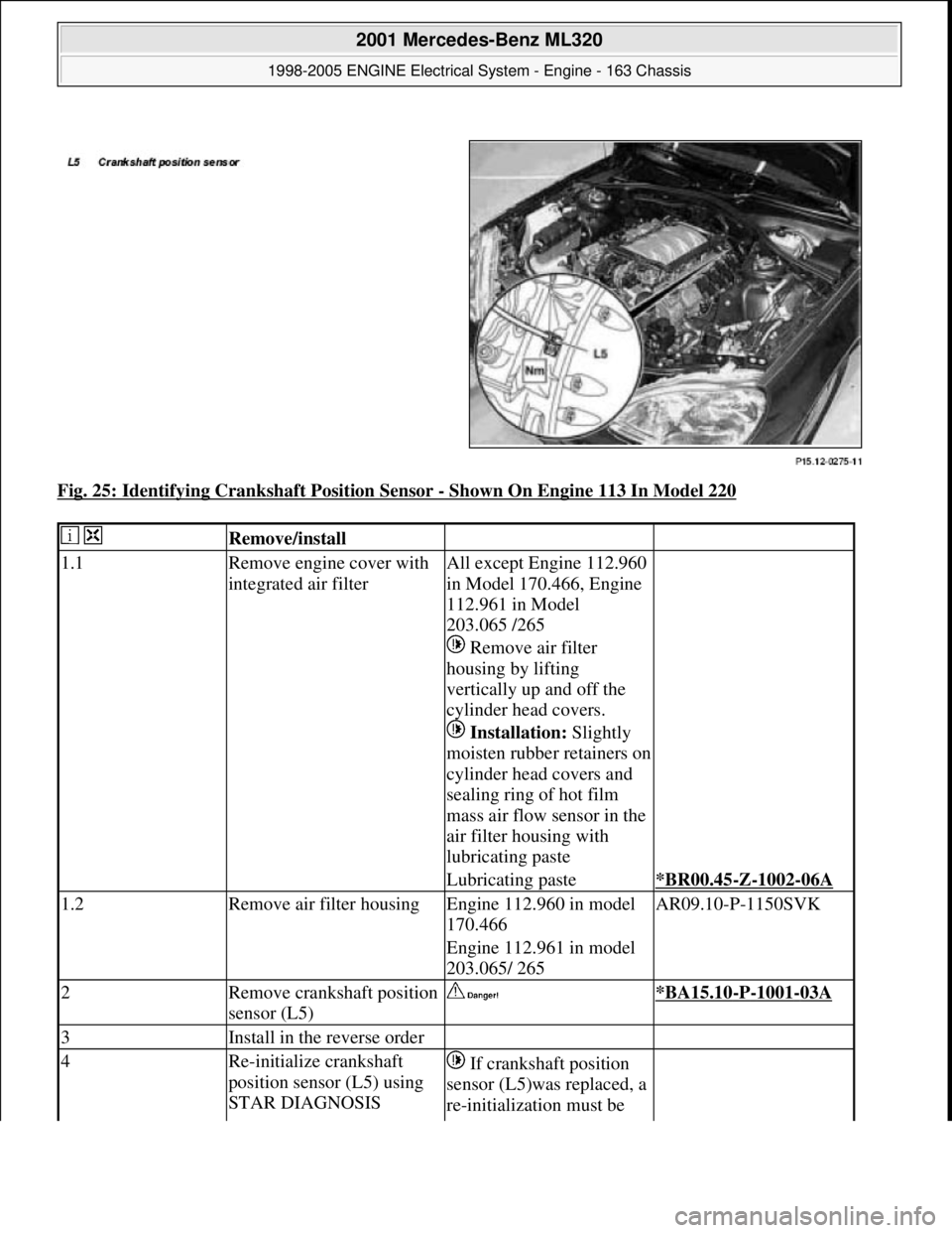 MERCEDES-BENZ ML350 1997  Complete Repair Manual Fig. 25: Identifying Crankshaft Position Sensor - Shown On Engine 113 In Model 220 
  Remove/install  
1.1Remove engine cover with 
integrated air filterAll except Engine 112.960 
in Model 170.466, En