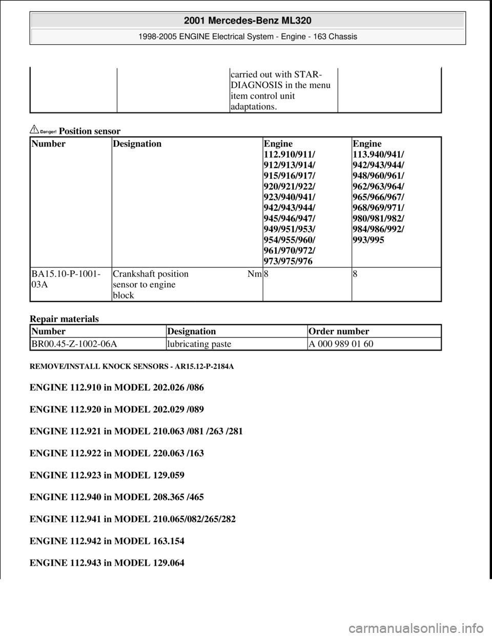 MERCEDES-BENZ ML350 1997  Complete Repair Manual  Position sensor 
Repair materials 
REMOVE/INSTALL KNOCK SENSORS - AR15.12-P-2184A 
ENGINE 112.910 in MODEL 202.026 /086  
ENGINE 112.920 in MODEL 202.029 /089  
ENGINE 112.921 in MODEL 210.063 /081 /