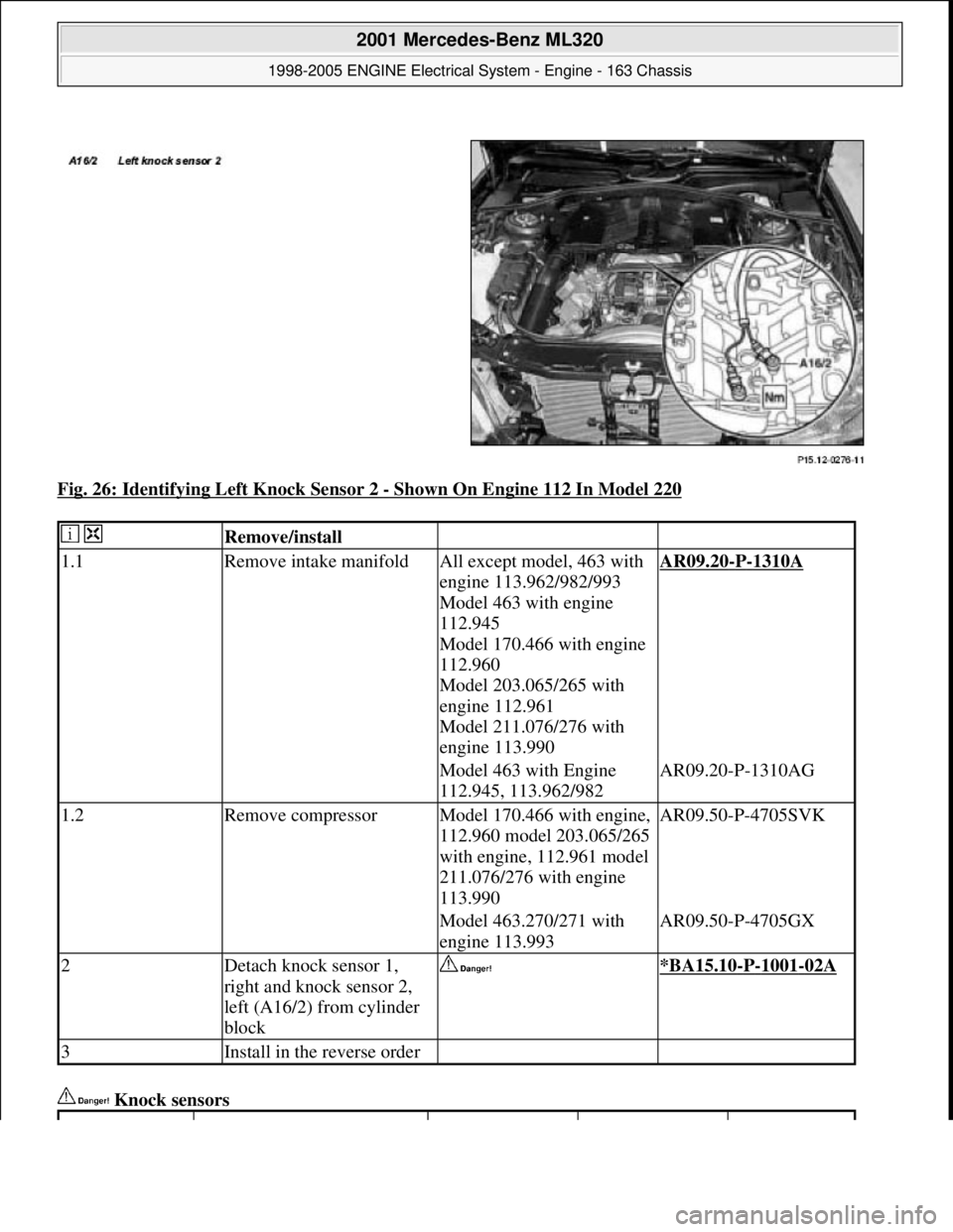 MERCEDES-BENZ ML350 1997  Complete Repair Manual Fig. 26: Identifying Left Knock Sensor 2 - Shown On Engine 112 In Model 220 
 Knock sensors 
  Remove/install  
1.1Remove intake manifoldAll except model, 463 with 
engine 113.962/982/993 
Model 463 w
