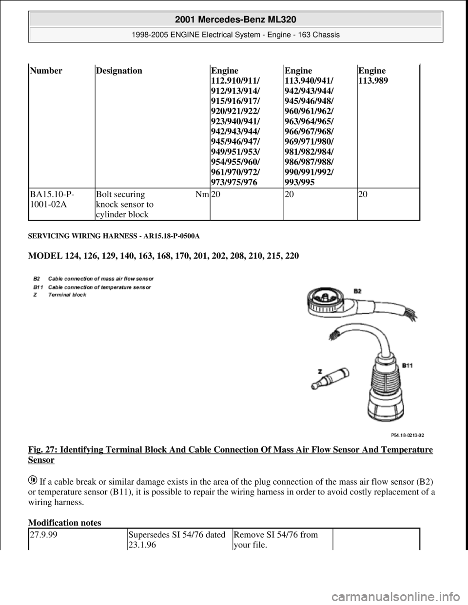 MERCEDES-BENZ ML350 1997  Complete Repair Manual SERVICING WIRING HARNESS - AR15.18-P-0500A 
MODEL 124, 126, 129, 140, 163, 168, 170, 201, 202, 208, 210, 215, 220  
Fig. 27: Identifying Terminal Block And Cable Connection Of Mass Air Flow Sensor And