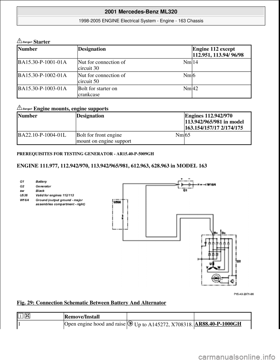 MERCEDES-BENZ ML350 1997  Complete Repair Manual  Starter 
 Engine mounts, engine supports 
PREREQUISITES FOR TESTING GENERATOR - AR15.40-P-5009GH 
ENGINE 111.977, 112.942/970, 113.942/965/981, 612.963, 628.963 in MODEL 163  
Fig. 29: Connection Sch