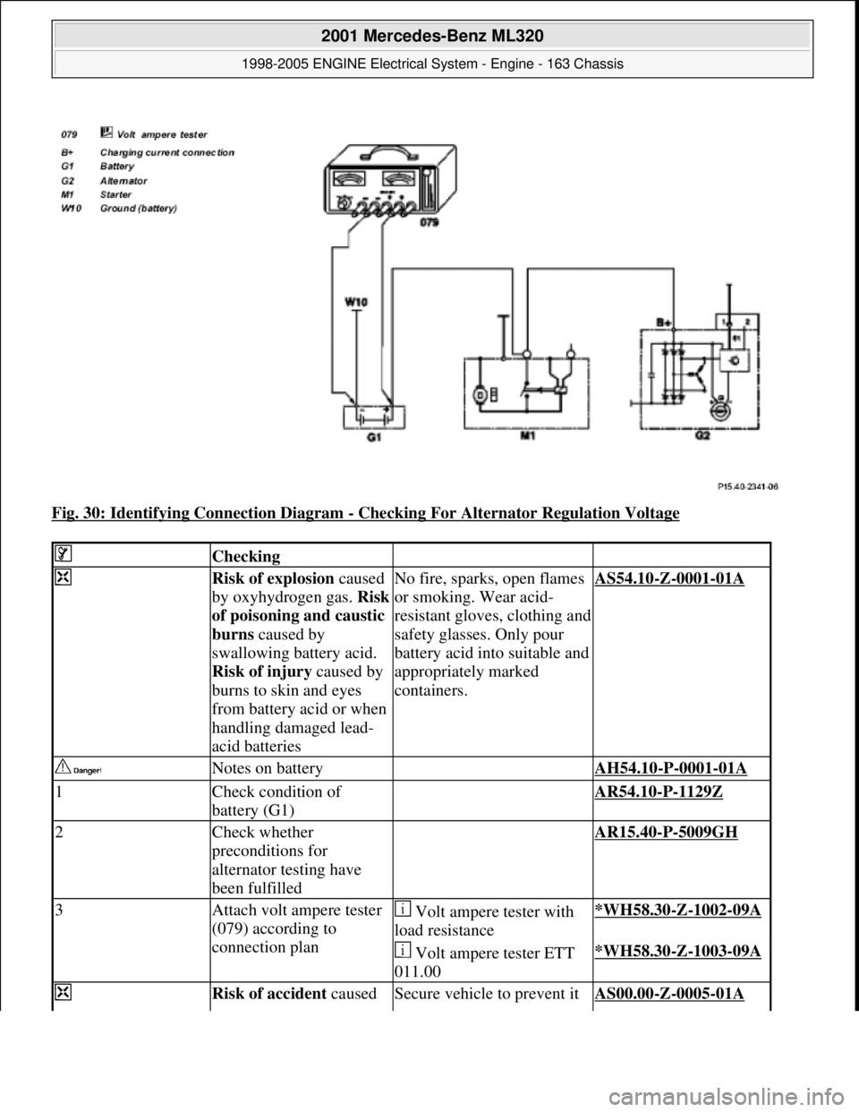 MERCEDES-BENZ ML350 1997  Complete Repair Manual Fig. 30: Identifying Connection Diagram - Checking For Alternator Regulation Voltage 
 Checking   
 Risk of explosion caused 
by oxyhydrogen gas. Risk 
of poisoning and caustic 
burns caused by 
swall