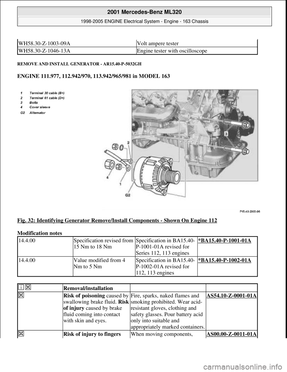 MERCEDES-BENZ ML350 1997  Complete Repair Manual REMOVE AND INSTALL GENERATOR - AR15.40-P-5032GH 
ENGINE 111.977, 112.942/970, 113.942/965/981 in MODEL 163  
Fig. 32: Identifying Generator Remove/Install Components 
- Shown On Engine 112 
Modificati