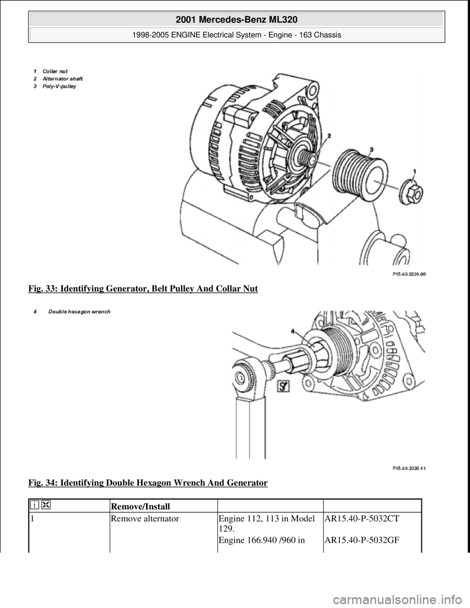 MERCEDES-BENZ ML350 1997  Complete Repair Manual Fig. 33: Identifying Generator,  Belt Pulley And Collar Nut  
Fig. 34: Identifying Double He  xagon Wrench And Generator
 
  Remove/Install   
1Remove alternatorEngine 112, 113 in Model  
129.AR15.40-