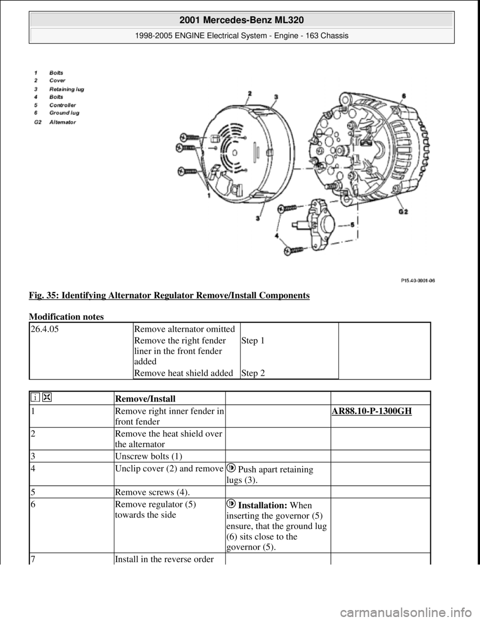 MERCEDES-BENZ ML350 1997  Complete Repair Manual Fig. 35: Identifying Alternator Regulator Remove/Install Components 
Modification notes 
26.4.05Remove alternator omitted  
Remove the right fender 
liner in the front fender 
addedStep 1
Remove heat 