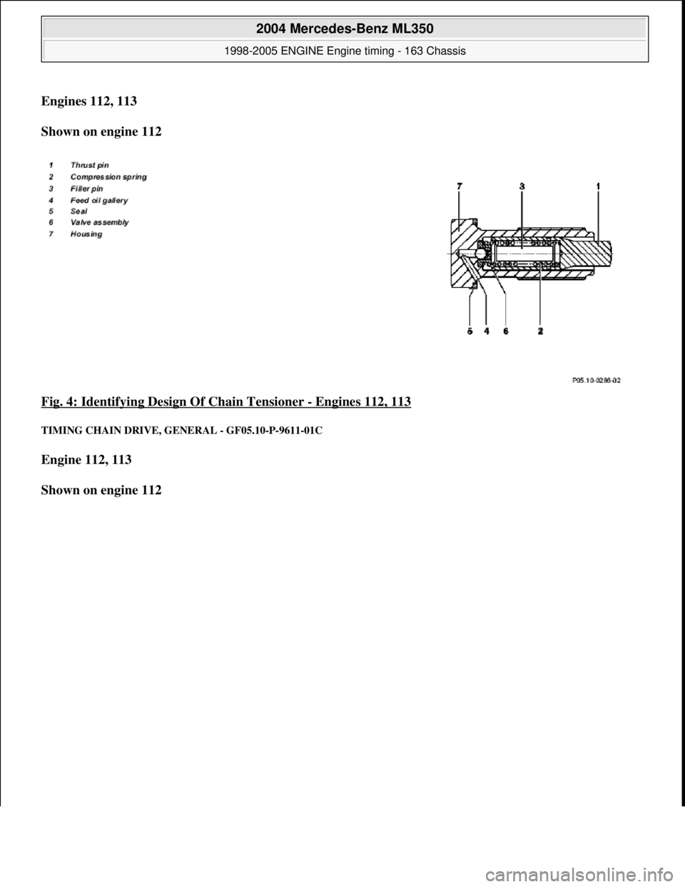 MERCEDES-BENZ ML350 1997  Complete Repair Manual Engines 112, 113    
Shown on engine 112     
Fig. 4: Identifying Desi  gn Of Chain Tensioner 
- Engines 112, 113 
TIMING CHAIN DRIVE,  GENERAL - GF05.10-P-9611-01C 
Engine 112, 113   
Shown on engine