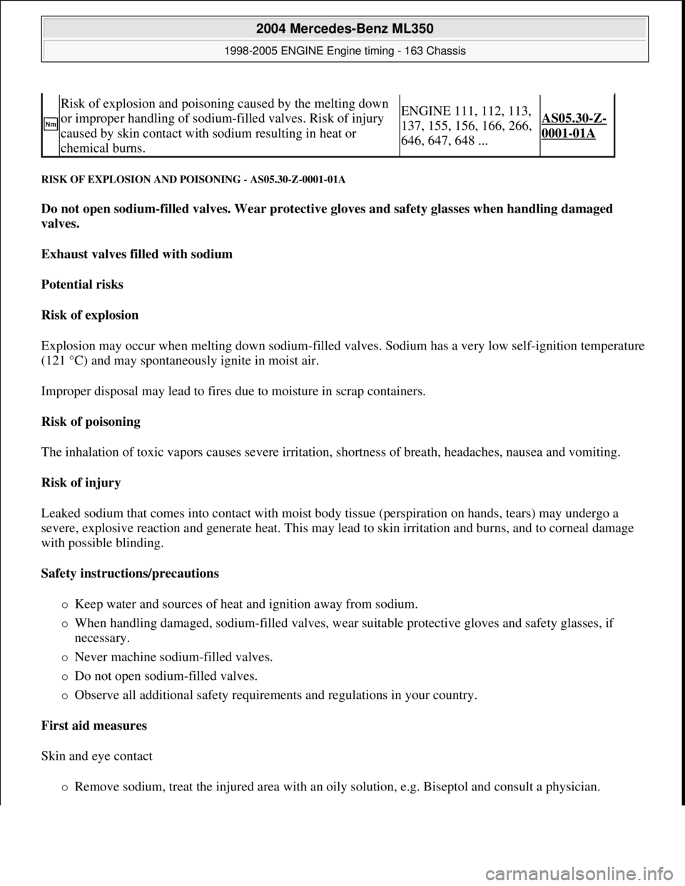 MERCEDES-BENZ ML350 1997  Complete Repair Manual RISK OF EXPLOSION AND PO ISONING - AS05.30-Z-0001-01A 
Do not open sodium-filled valves. Wear protectiv e gloves and safety glasses when handling damaged  
valves.     
Exhaust valves fill  ed with so