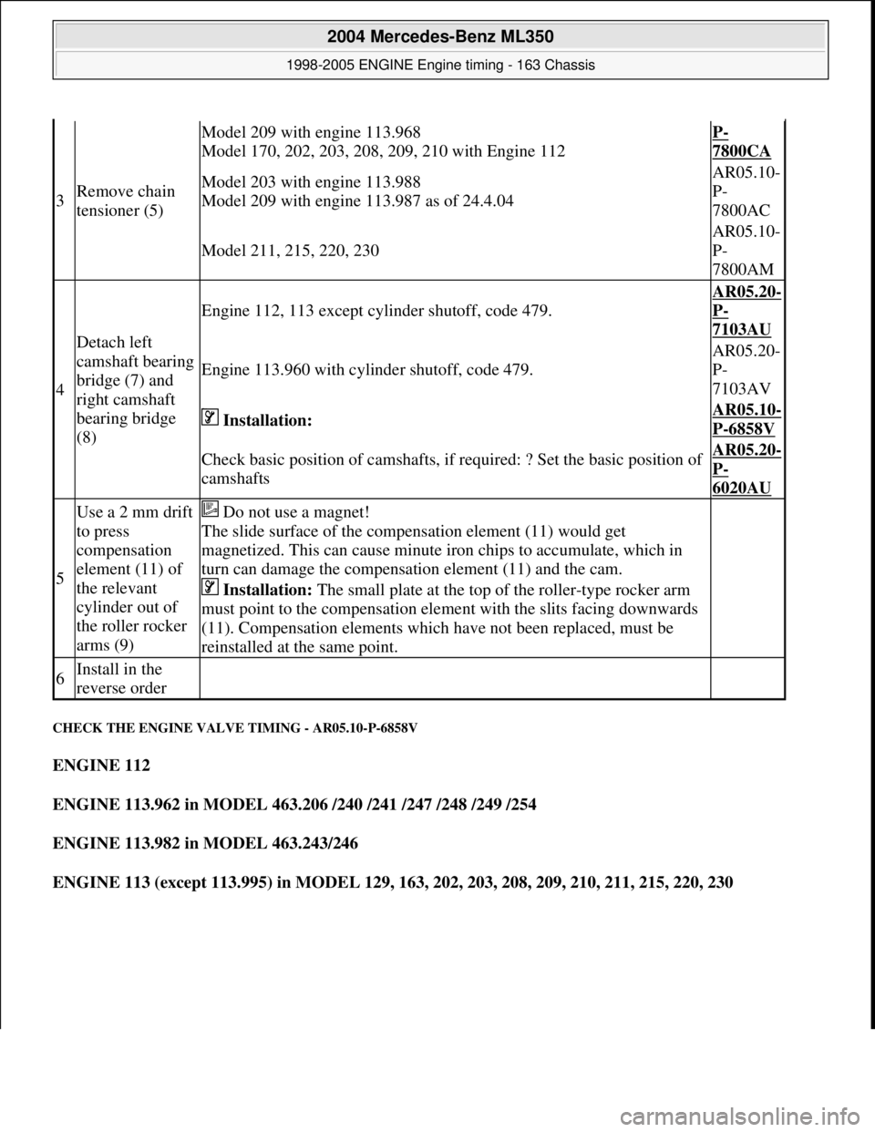 MERCEDES-BENZ ML350 1997  Complete Repair Manual CHECK THE ENGINE VALV E TIMING - AR05.10-P-6858V 
ENGINE 112   
ENGINE 113.962 in MODEL 463.206 /240 /241 /247 /248 /249 /254     
ENGINE 113.982 in MODEL 463.243/246     
ENGINE 113 (except 113.995) 