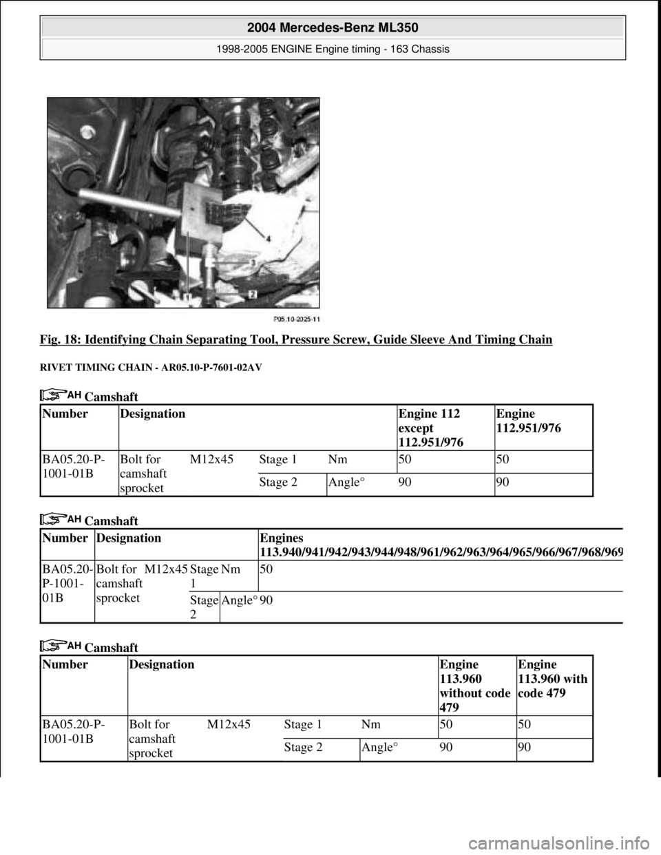 MERCEDES-BENZ ML350 1997  Complete Repair Manual Fig. 18: Identifying Chain Separating Tool, P ressure Screw, Guide Sleeve And Timing Chain 
RIVET TIMING CHAIN - AR05.10-P-7601-02AV 
 Camshaft  
 Camshaft    
 Camshaft   
NumberDesignationEngine 112