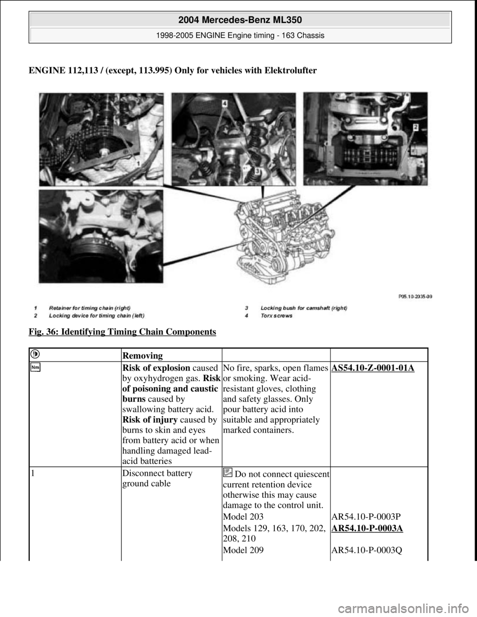 MERCEDES-BENZ ML350 1997  Complete Repair Manual ENGINE 112,113 / (except, 113.995) Only for vehicles with Elektrolufter 
Fig. 36: Identifying Timing Chain Components
 
 Removing  
 Risk of explosion   caused  
by oxyhydrogen gas.   Risk  
of poison