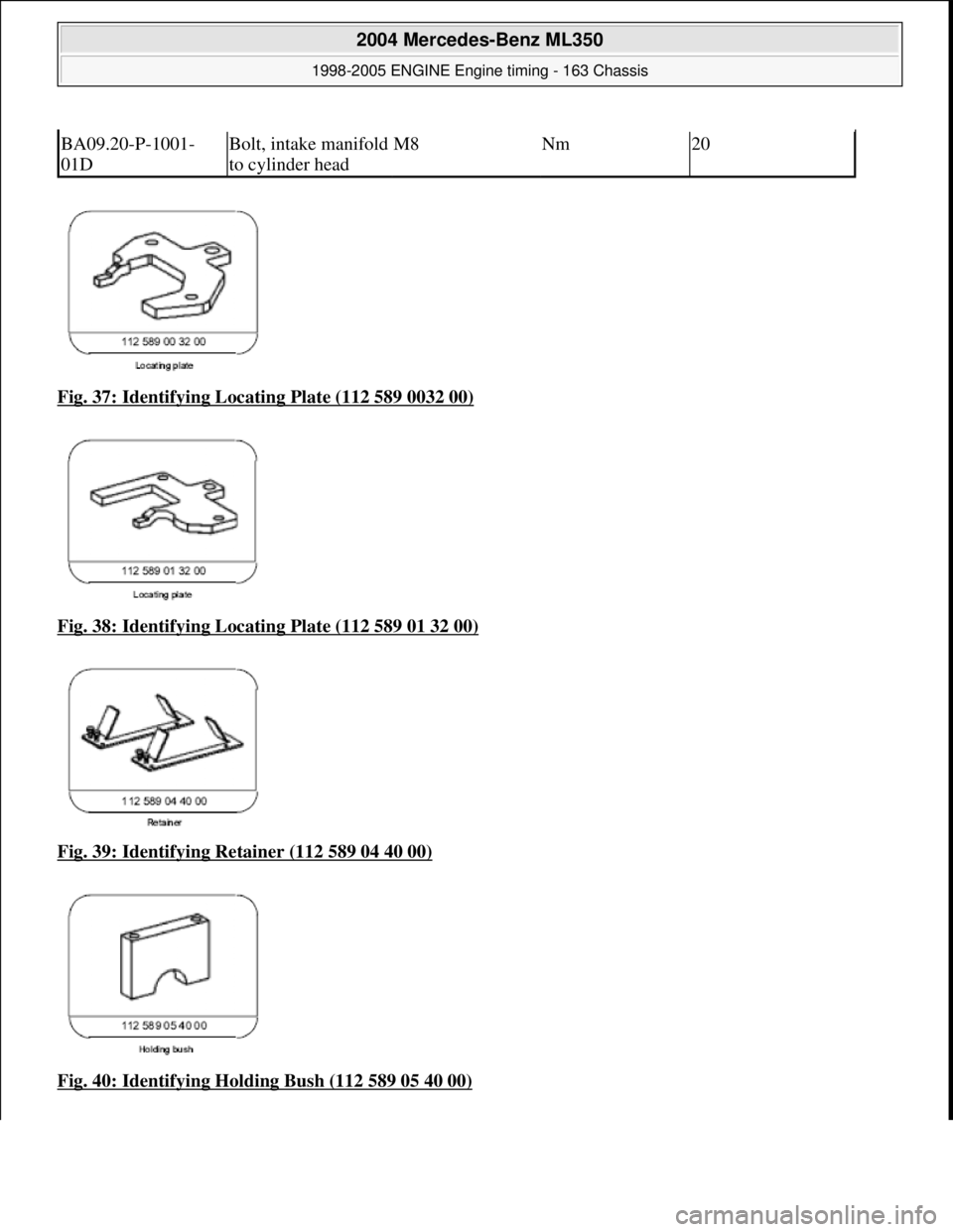 MERCEDES-BENZ ML350 1997  Complete Repair Manual Fig. 37: Identifying Locating Plate (112 589 0032 00)  
Fig. 38: Identifying Locating Plate (112 589 01 32 00)
  
Fig. 39: Identifying Retainer (112 589 04 40 00)
  
Fig. 40: Identifying Holding Bush 