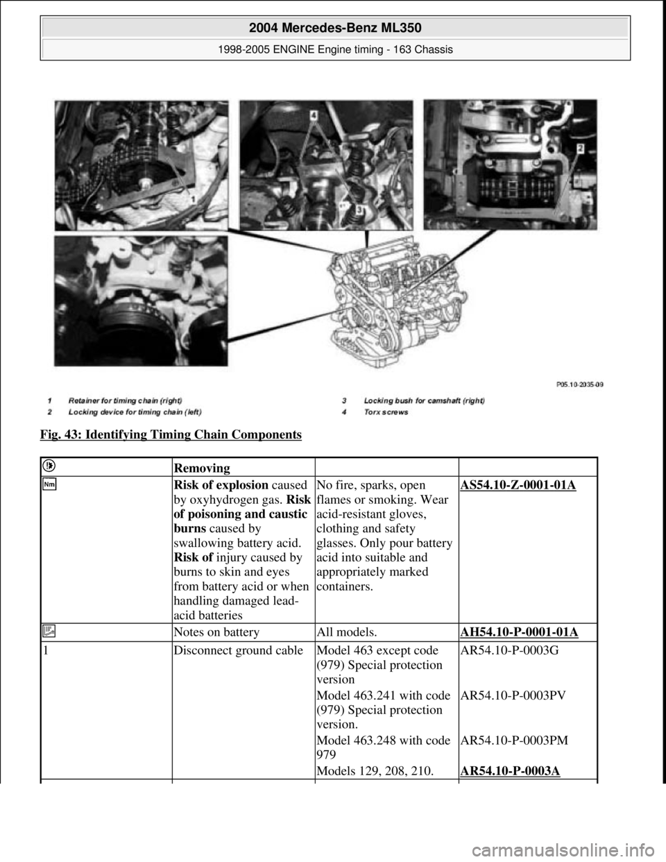 MERCEDES-BENZ ML350 1997  Complete Repair Manual Fig. 43: Identifying Timing Chain Components 
 Removing  
 Risk of explosion  caused  
by oxyhydrogen gas.   Risk  
of poisoning and caustic  
burns   caused by  
swallowing battery acid.  
Risk of   