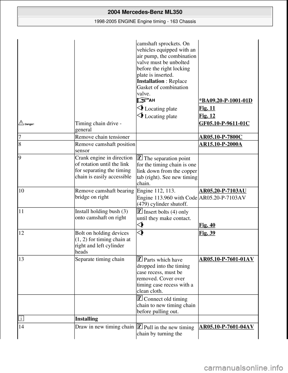MERCEDES-BENZ ML350 1997  Complete Repair Manual camshaft sprockets. On  
vehicles equipped with an  
air pump, the combination  
valve must be unbolted  
before the right locking 
plate is inserted.  
Installation   : Replace  
Gasket of combinatio