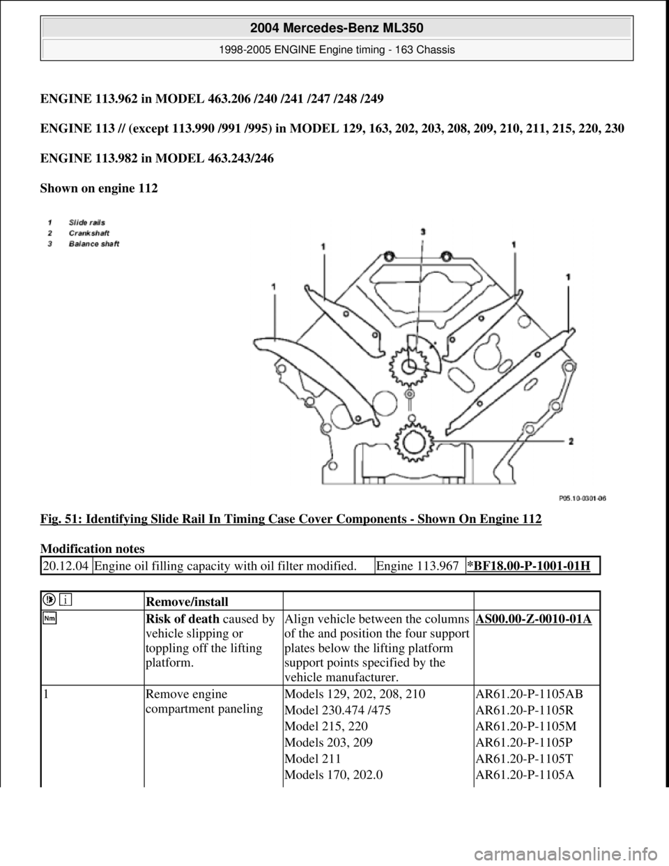 MERCEDES-BENZ ML350 1997  Complete Repair Manual ENGINE 113.962 in MODEL 463.206 /240 /241 /247 /248 /249 
ENGINE 113 // (except 113.990 /991 /995)   in MODEL 129, 163, 202, 203, 208, 209, 210, 211, 215, 220, 230   
ENGINE 113.982 in MODEL 463.243/2