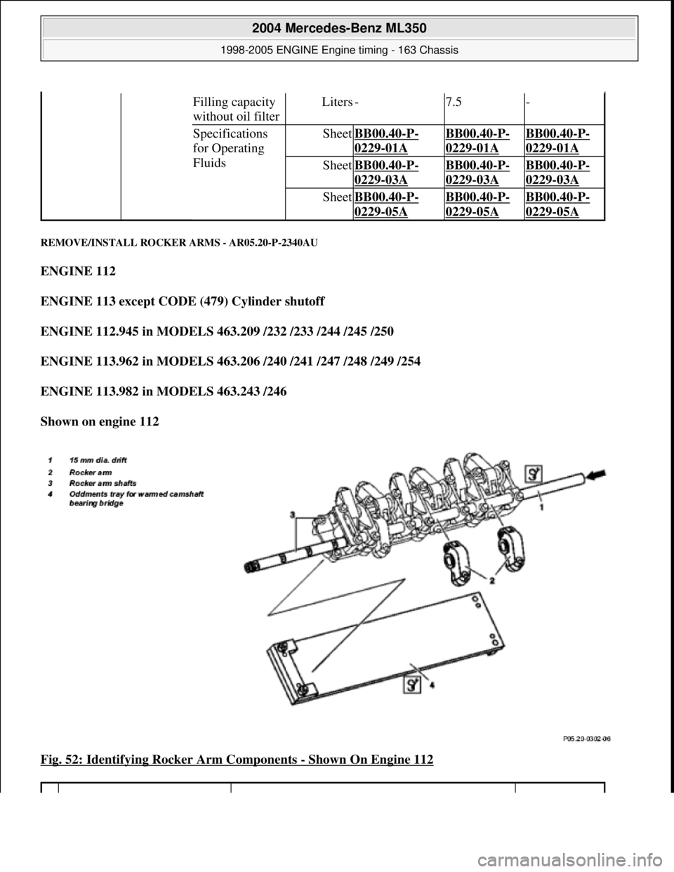 MERCEDES-BENZ ML350 1997  Complete Repair Manual REMOVE/INSTALL ROCKER  ARMS - AR05.20-P-2340AU 
ENGINE 112   
ENGINE 113 except CODE   (479) Cylinder shutoff   
ENGINE 112.945 in MODELS 463.209 /232 /233 /244 /245 /250     
ENGINE 113.962 in MODELS