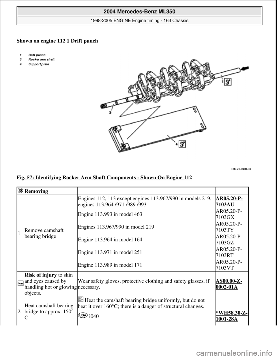 MERCEDES-BENZ ML350 1997  Complete Repair Manual Shown on engine 112 1 Drift punch    
Fig. 57: Identifying Rocker   Arm Shaft Components 
- Shown On Engine 112 
 Removing  
1Remove camshaft  
bearing bridge
Engines 112, 113 except engine  s 113.967