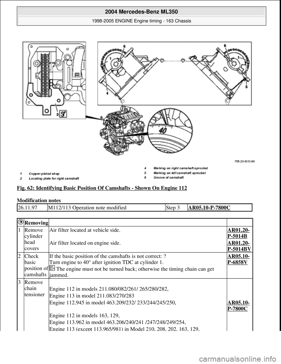 MERCEDES-BENZ ML350 1997  Complete Repair Manual Fig. 62: Identifying Basic Position Of Camshafts - Shown On Engine 112  
Modification notes   
26.11.97M112/113 Operation note modifiedStep 3AR05.10-P-7800C
 Removing   
1Remove  
cylinder  
head  
co