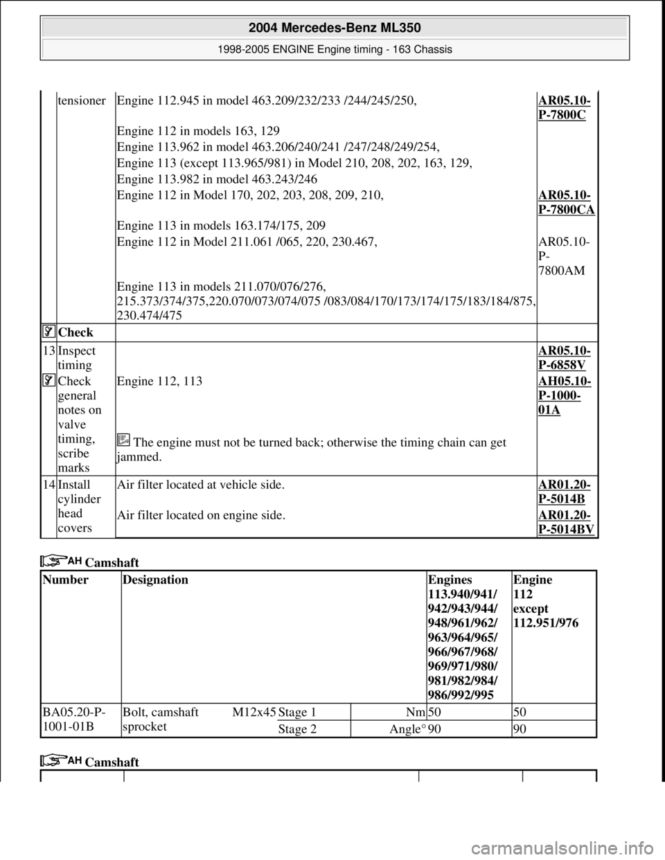 MERCEDES-BENZ ML350 1997  Complete Repair Manual  Camshaft   
 Camshaft   
tensionerEngine 112.945 in model 463.209/232/233 /244/245/250,AR05.10-
P-7800C
Engine 112 in models 163, 129 
Engine 113.962 in model 463.206/240/241 /247/248/249/254, 
Engin