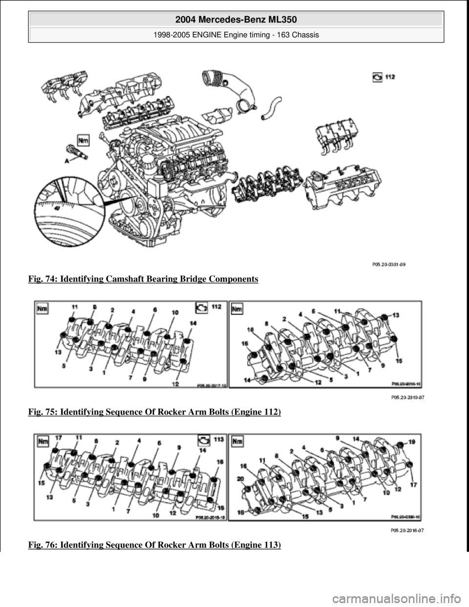 MERCEDES-BENZ ML350 1997  Complete Repair Manual Fig. 74: Identifying Camshaft  Bearing Bridge Components  
Fig. 75: Identifying Sequence Of   Rocker Arm Bolts (Engine 112)
  
Fig. 76: Identifying Sequence Of   Rocker Arm Bolts (Engine 113)
 
2004 M
