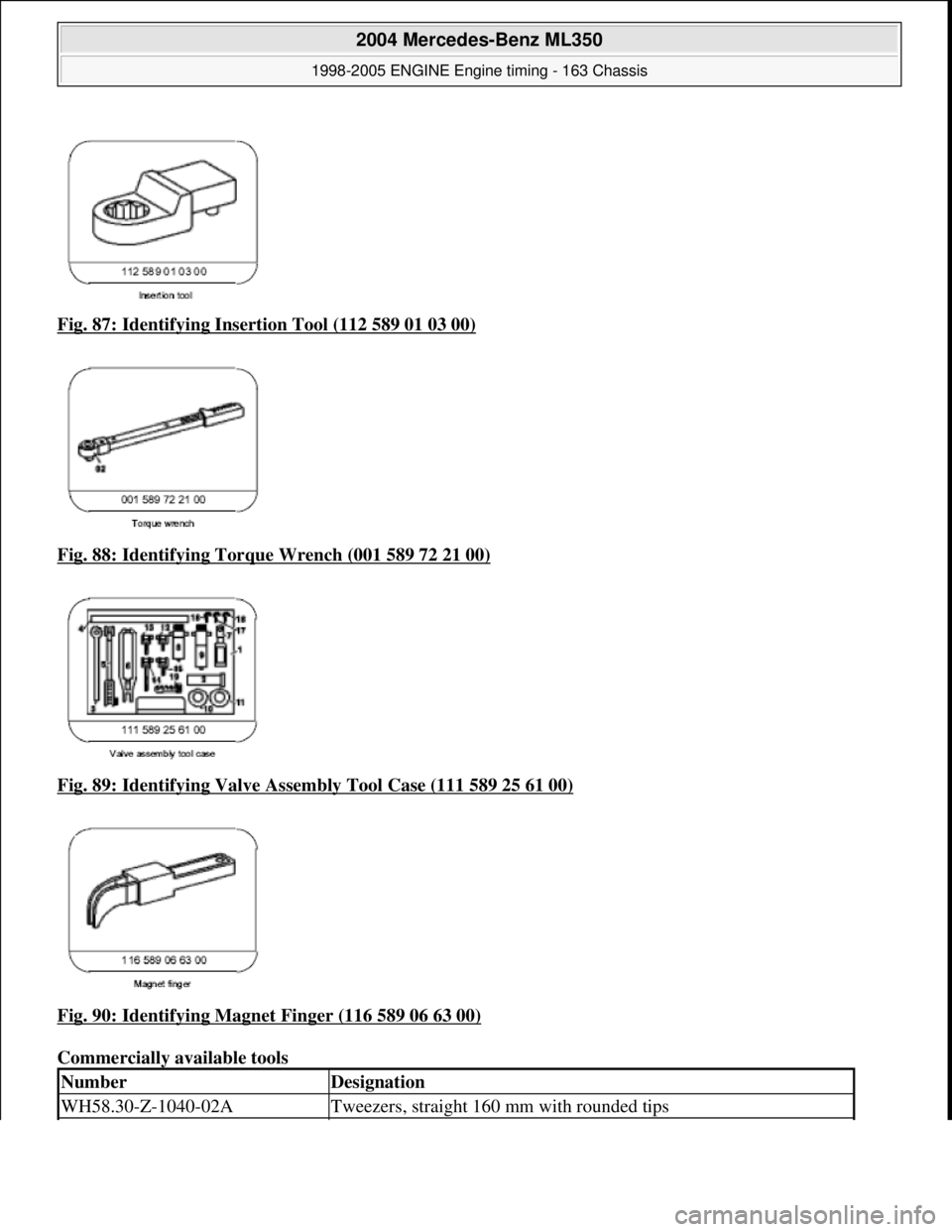 MERCEDES-BENZ ML350 1997  Complete Repair Manual Fig. 87: Identifying Insertion Tool (112 589 01 03 00)  
Fig. 88: Identifying Torque Wrench (001 589 72 21 00)
 
Fig. 89: Identifying Valve Assemb  ly Tool Case (111 589 25 61 00)
  
Fig. 90: Identify