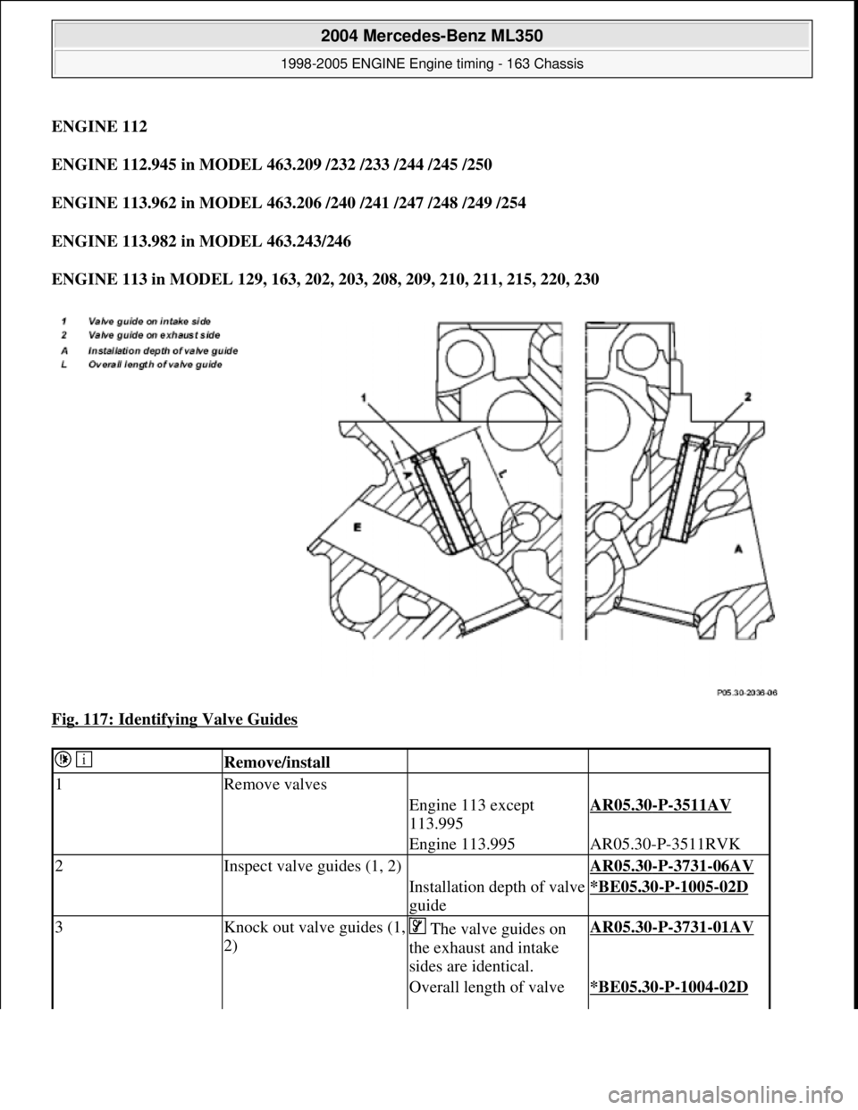MERCEDES-BENZ ML350 1997  Complete Repair Manual ENGINE 112    
ENGINE 112.945 in MODEL 463.209 /232 /233 /244 /245 /250     
ENGINE 113.962 in MODEL 463.206 /240 /241 /247 /248 /249 /254     
ENGINE 113.982 in MODEL 463.243/246     
ENGINE 113 in M
