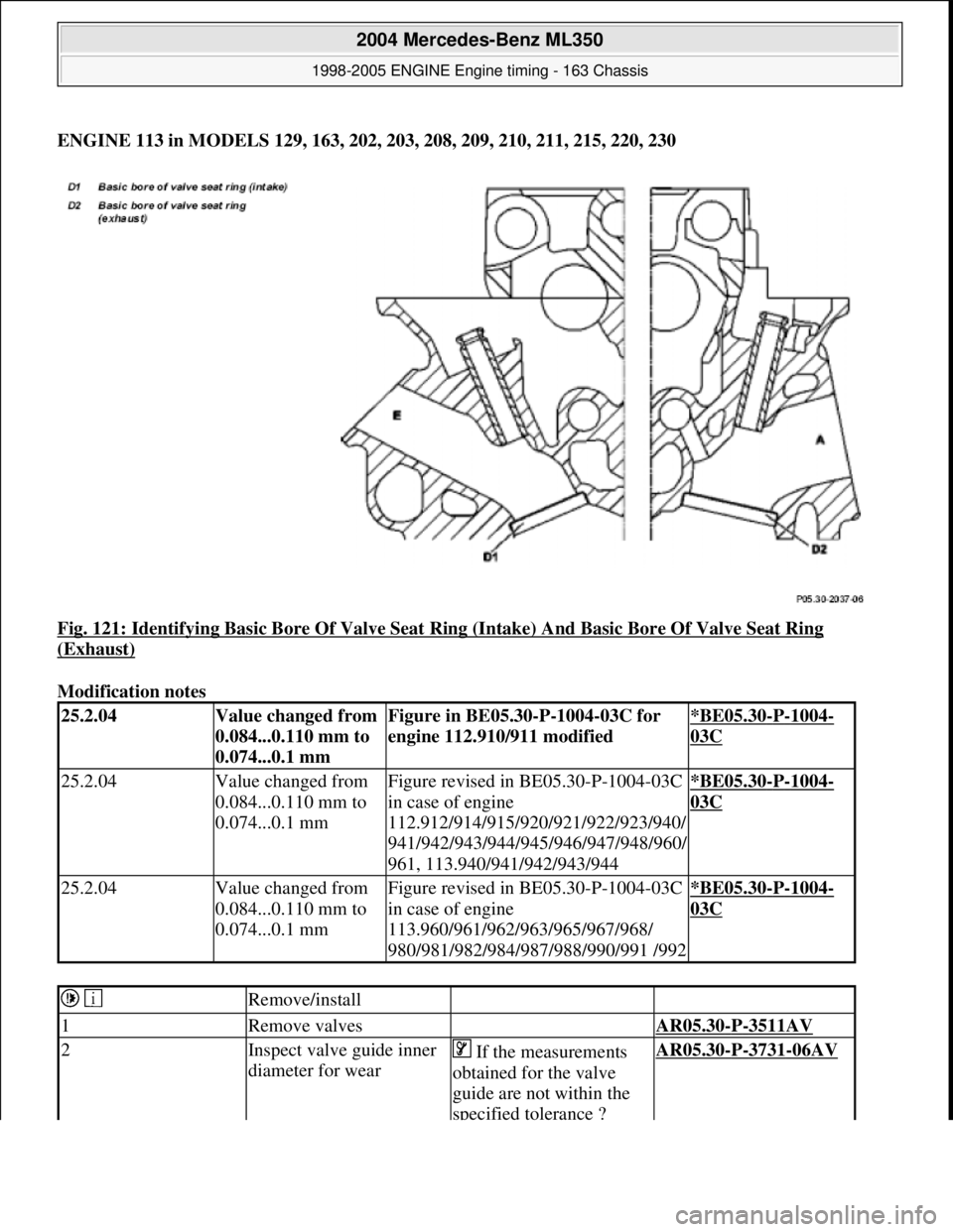 MERCEDES-BENZ ML350 1997  Complete Repair Manual ENGINE 113 in MODELS 129, 163, 202, 203, 208, 209, 210, 211, 215, 220, 230    
Fig. 121: Identifying Basic Bore Of Valve Seat Ring   (Intake) And Basic Bore Of Valve Seat Ring 
(Exhaust)  
Modificatio