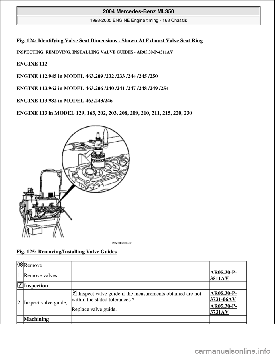 MERCEDES-BENZ ML350 1997  Complete Repair Manual Fig. 124: Identifying Valve Seat Dimensions -Shown At Exhaust Valve Seat Ring 
INSPECTING, REMOVING , INSTALLING VALVE GUIDES - AR05.30-P-4511AV 
ENGINE 112   
ENGINE 112.945 in MODEL 463.209 /232 /23