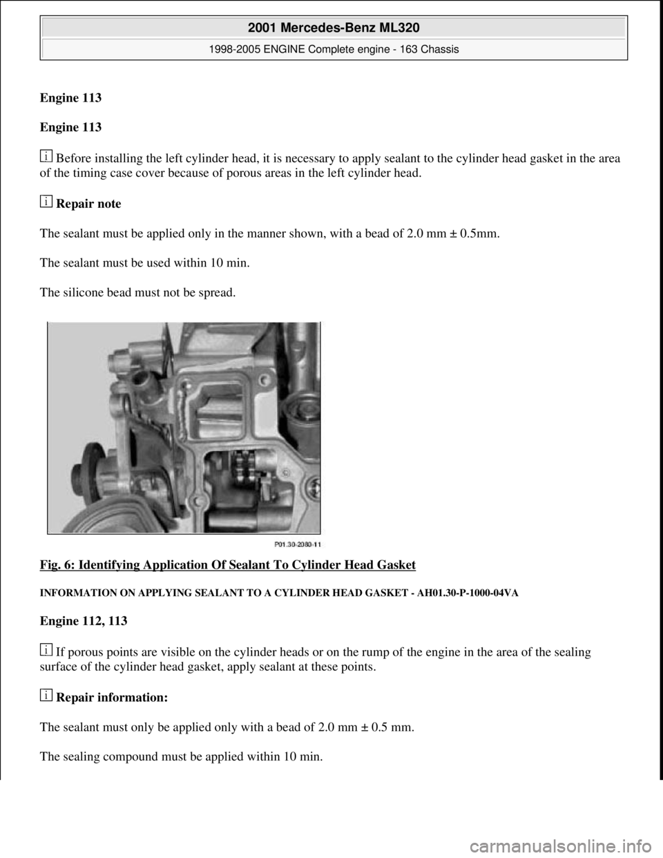 MERCEDES-BENZ ML350 1997  Complete Repair Manual Engine 113    
Engine 113     
 Before installing the left cylinder hea  d, it is necessary to apply sealant to the cylinder head gasket in the area  
of the timing case cover because of po  rous area