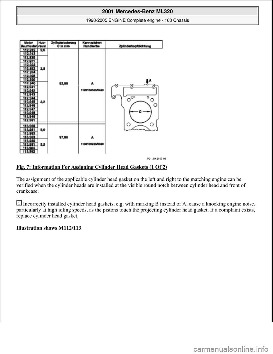 MERCEDES-BENZ ML350 1997  Complete Repair Manual Fig. 7: Information For Assigning  Cylinder Head Gaskets (1 Of 2)  
The assignment of the applicable cylinder head gasket   on the left and right to the matching engine can be  
verified when the cyli