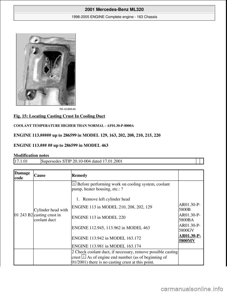 MERCEDES-BENZ ML350 1997  Complete Repair Manual Fig. 15: Locating Casting Crust In Cooling Duct 
COOLANT TEMPERATURE HIGHER  THAN NORMAL - AF01.30-P-8000A 
ENGINE 113.##### up to 286599 in MODEL 129, 163, 202, 208, 210, 215, 220    
ENGINE 113.### 