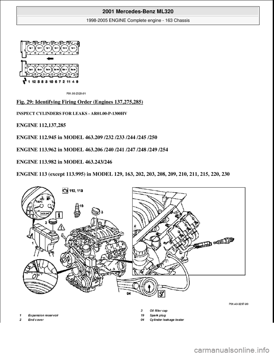 MERCEDES-BENZ ML350 1997  Complete Repair Manual Fig. 29: Identifying Firing Order (Engines 137,275,285) 
INSPECT CYLINDERS FO R LEAKS - AR01.00-P-1300HV 
ENGINE 112,137,285   
ENGINE 112.945 in MODEL 463.209 /232 /233 /244 /245 /250     
ENGINE 113