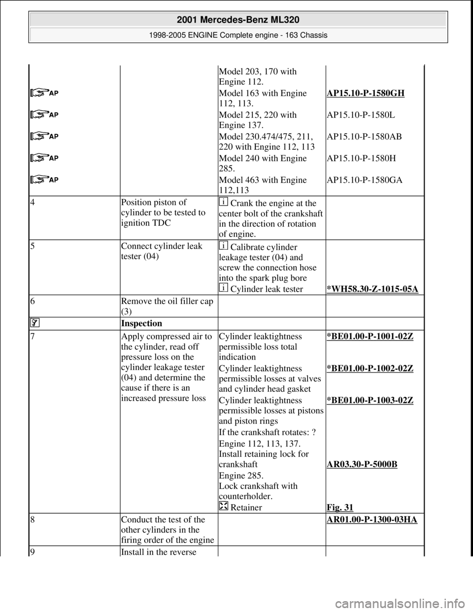 MERCEDES-BENZ ML350 1997  Complete Repair Manual  Model 203, 170 with  
Engine 112. 
 Model 163 with Engine  
112, 113.AP15.10-P-1580GH 
 Model 215, 220 with 
Engine 137.AP15.10-P-1580L
 Model 230.474/475, 211, 
220 with Engine 112, 113AP15.10-P-158