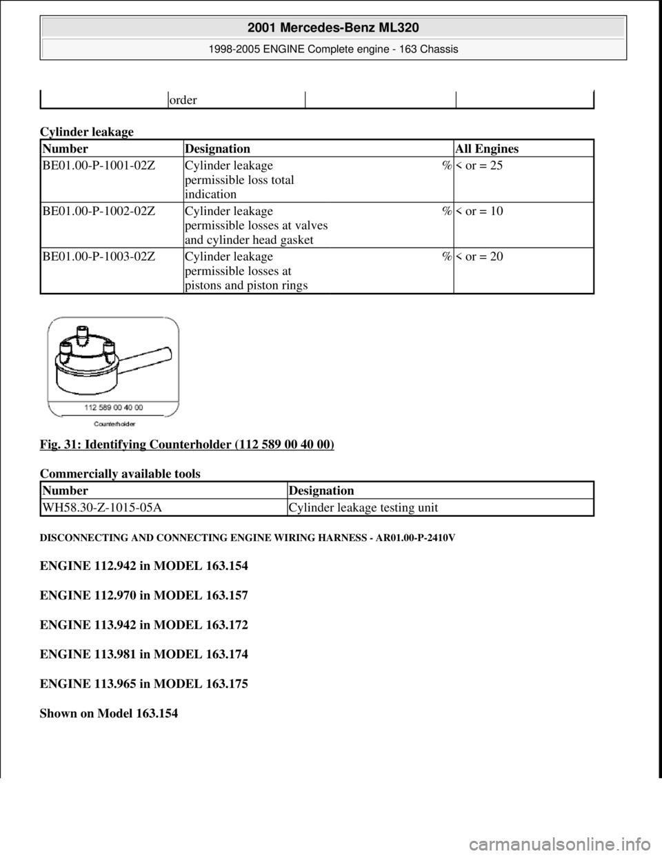 MERCEDES-BENZ ML350 1997  Complete Repair Manual Cylinder leakage   
Fig. 31: Identifying Counterholder (112 589 00 40 00)
  
Commercially available tools   
DISCONNECTING AND CONN ECTING ENGINE WIRING HARNESS - AR01.00-P-2410V 
ENGINE 112.942 in MO