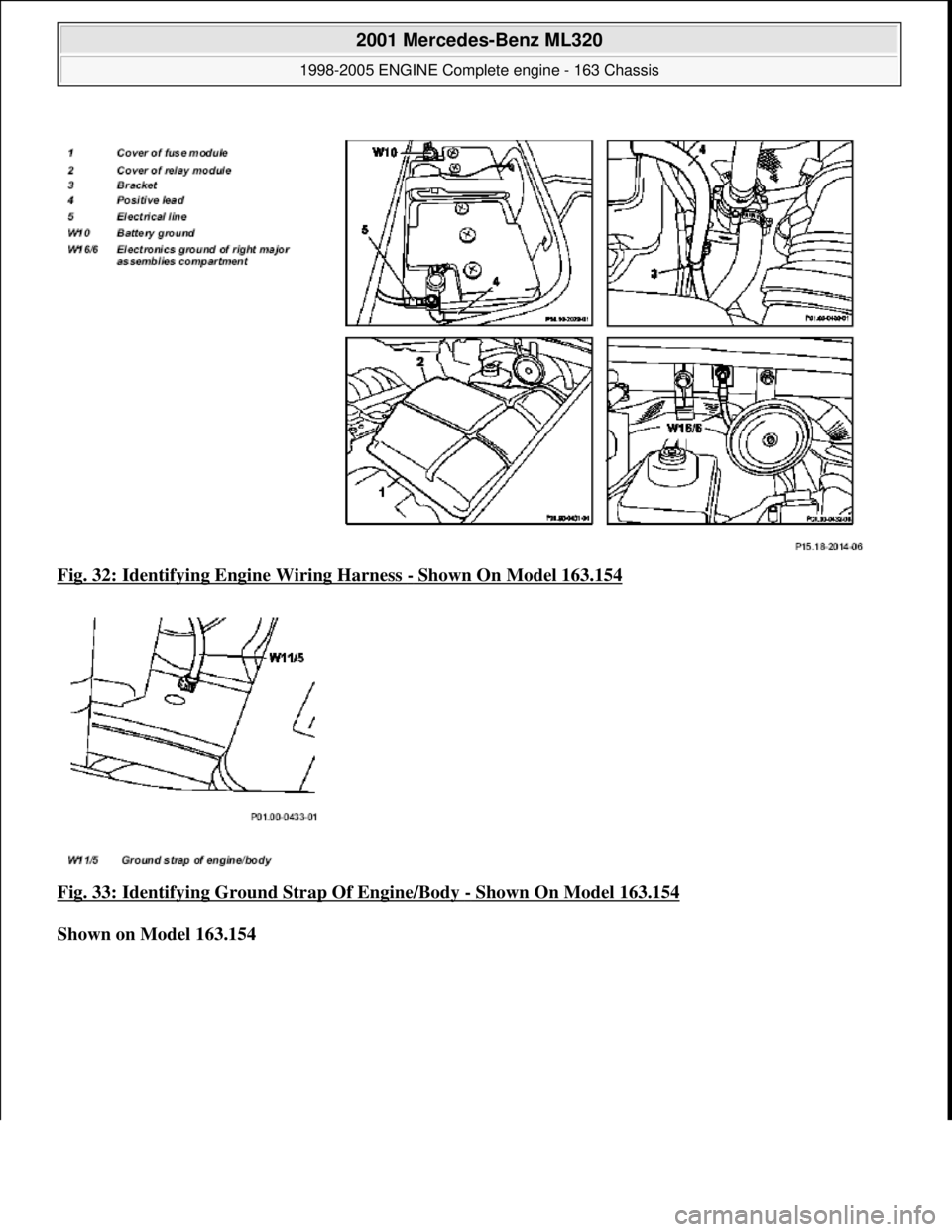 MERCEDES-BENZ ML350 1997  Complete Repair Manual Fig. 32: Identifying Engine Wiring Harness - Shown On Model 163.154  
Fig. 33: Identifying Ground Strap Of Engine/Body 
- Shown On Model 163.154  
Shown on Model 163.154    
 
2001 Mercedes-Benz ML320