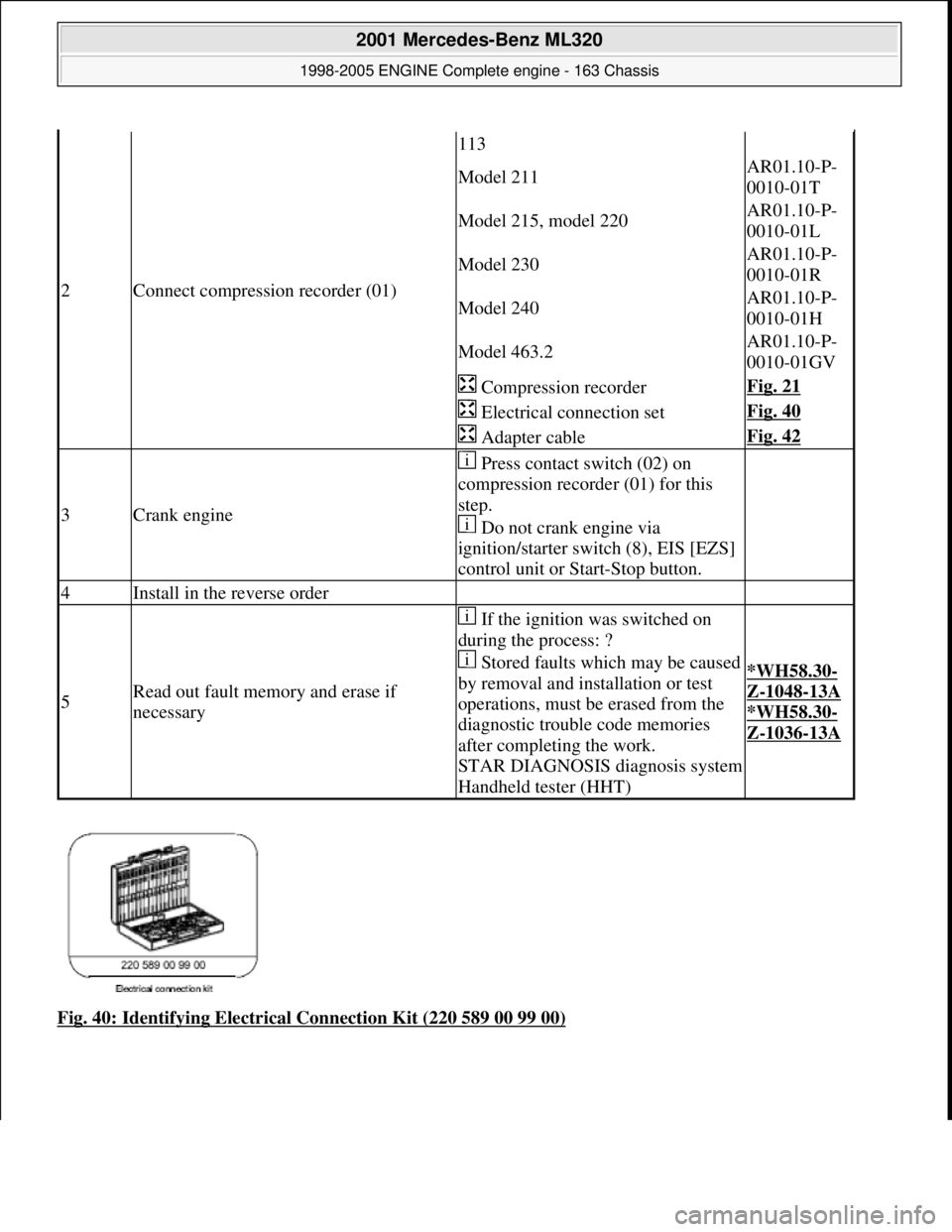 MERCEDES-BENZ ML350 1997  Complete Repair Manual Fig. 40: Identifying Electrical Connection Kit (220 589 00 99 00)
2Connect compression recorder (01)
113
Model 211AR01.10-P- 
0010-01T
Model 215, model 220AR01.10-P-
0010-01L
Model 230AR01.10-P-
0010-
