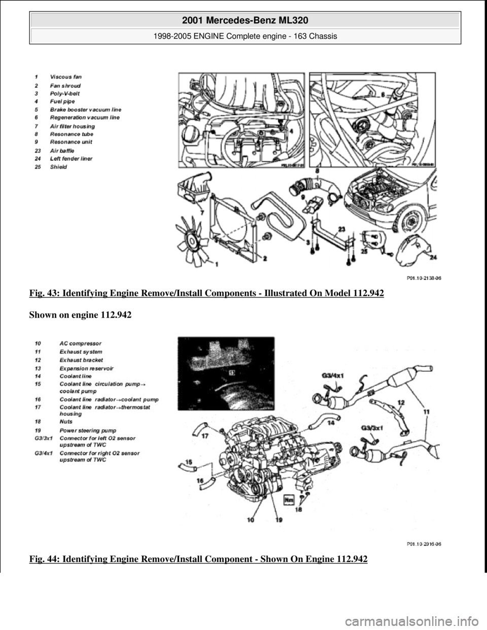 MERCEDES-BENZ ML350 1997  Complete Repair Manual Fig. 43: Identifying Engine  Remove/Install Components - Illustrated On Model 112.942  
Shown on engine 112.942     
Fig. 44: Identifying Engine   Remove/Install Component 
- Shown On Engine 112.942 
