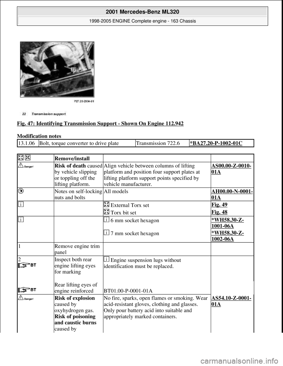 MERCEDES-BENZ ML350 1997  Complete Repair Manual Fig. 47: Identifying  Transmission Support - Shown On Engine 112.942  
Modification notes   
13.1.06Bolt, torque converter to drive plateTransmission 722.6*BA27.20-P-1002-01C
  Remove/install  
 Risk 