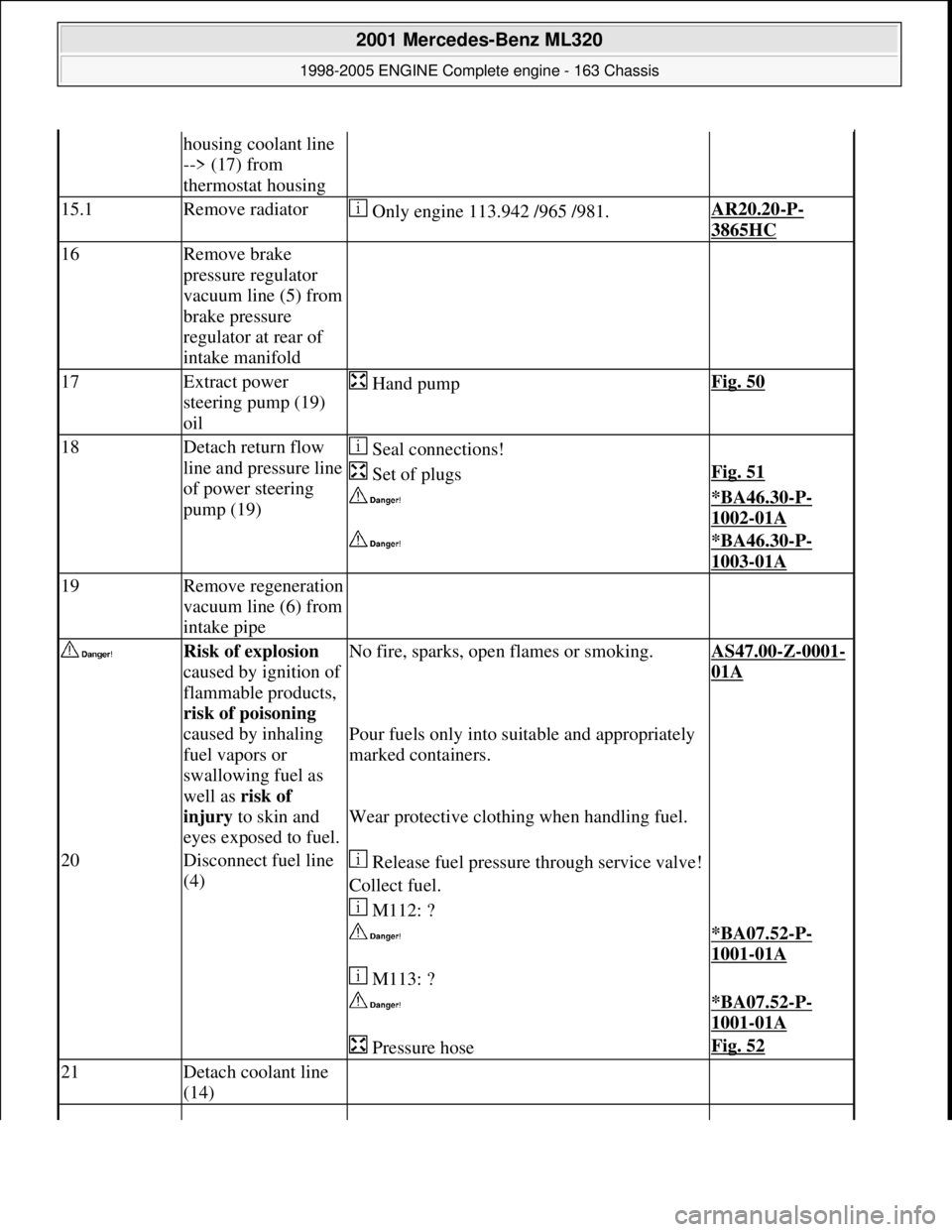 MERCEDES-BENZ ML350 1997  Complete Repair Manual housing coolant line  
--> (17) from  
thermostat housing
15.1Remove radiator Only engine 113.942 /965 /981.AR20.20-P-
3865HC 
16Remove brake  
pressure regulator  
vacuum line (5) from  
brake pressu
