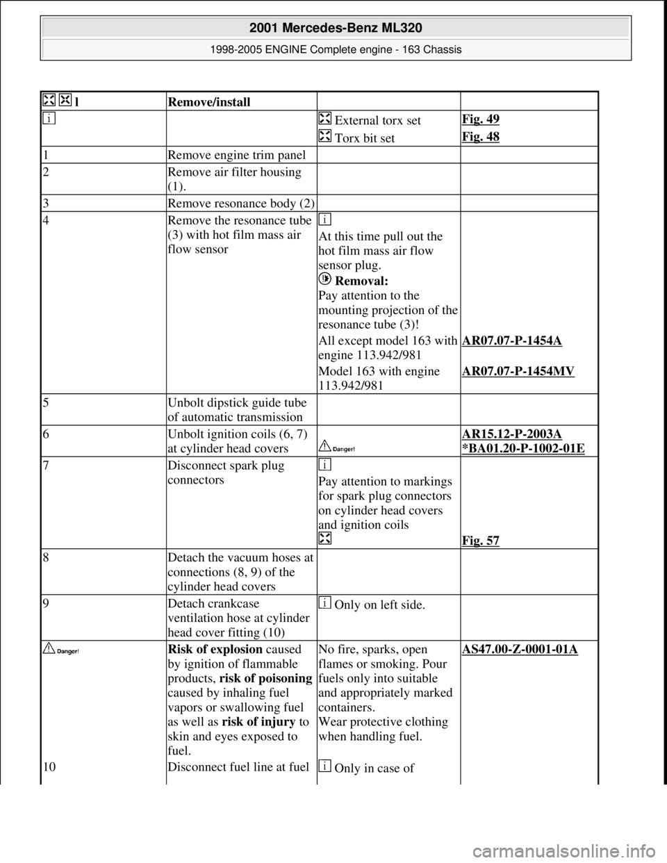 MERCEDES-BENZ ML350 1997  Complete Repair Manual   lRemove/install  
   External torx setFig. 49
 Torx bit setFig. 48
1Remove engine trim panel  
2Remove air filter housing  
(1).  
3Remove resonance body (2)  
4Remove the resonance tube 
(3) with h