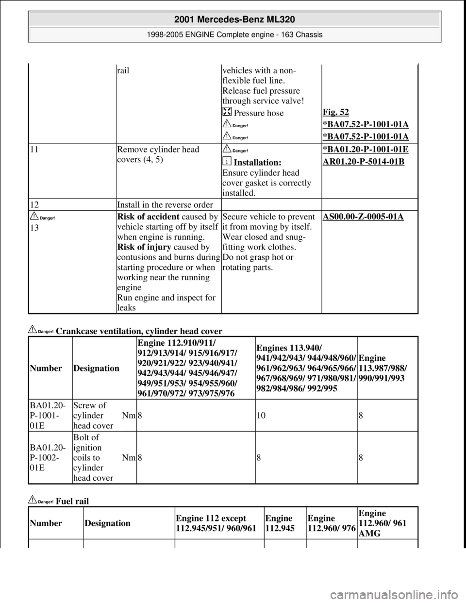 MERCEDES-BENZ ML350 1997  Complete Repair Manual  Crankcase ventilation, cylinder head cover   
 Fuel rail   
railvehicles with a non- 
flexible fuel line.  
Release fuel pressure  
through service valve!
 Pressure hoseFig. 52
 *BA07.52-P-1001-01A
 