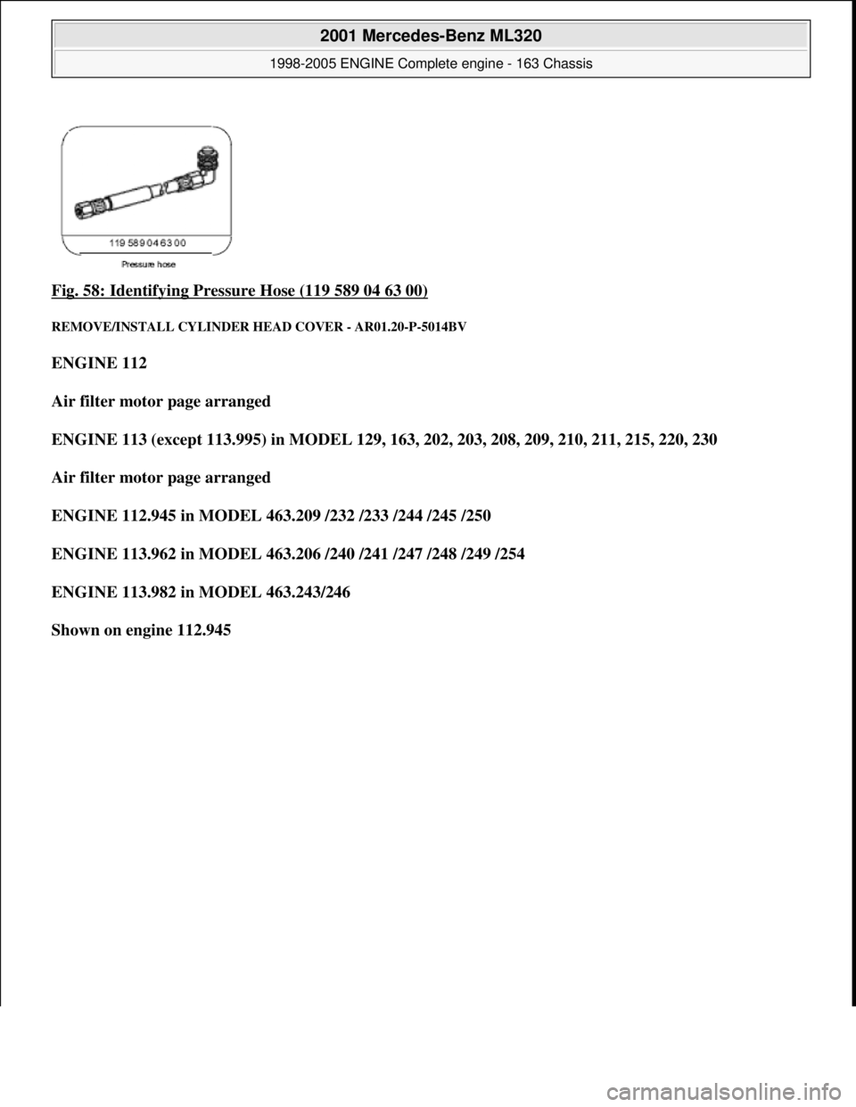 MERCEDES-BENZ ML350 1997  Complete Repair Manual Fig. 58: Identifying Pressure Hose (119 589 04 63 00) 
REMOVE/INSTALL CY LINDER HEAD COVER - AR01.20-P-5014BV 
ENGINE 112   
Air filter motor page arranged     
ENGINE 113 (except 113.995) in MODEL 12
