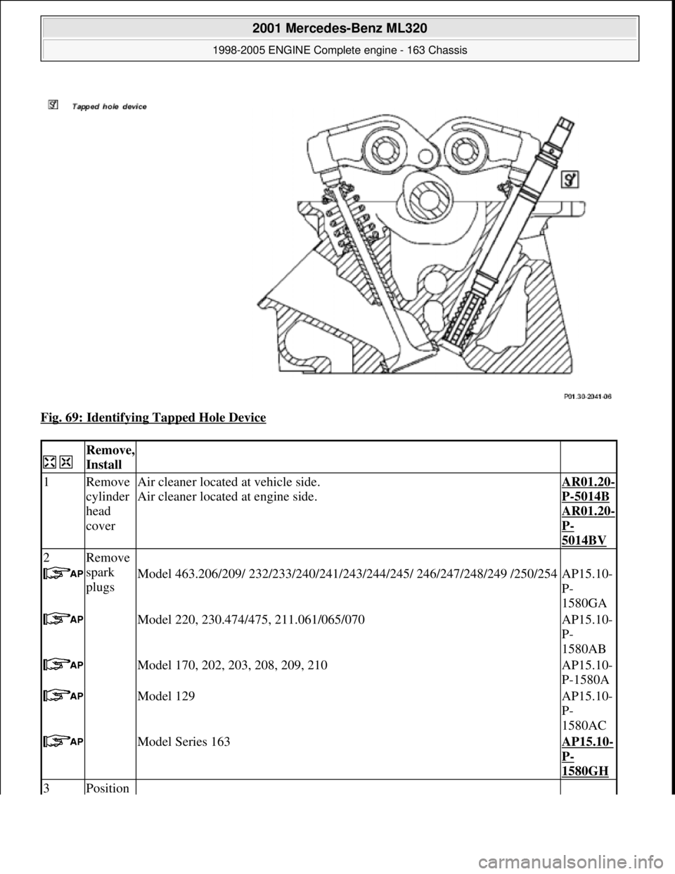 MERCEDES-BENZ ML350 1997  Complete Repair Manual Fig. 69: Identifying Tapped Hole Device 
  
Remove,  
Install 
  
1Remove  
cylinder  
head  
coverAir cleaner located   at vehicle side.  
Air cleaner located at engine side.AR01.20-
P-5014B
AR01.20-