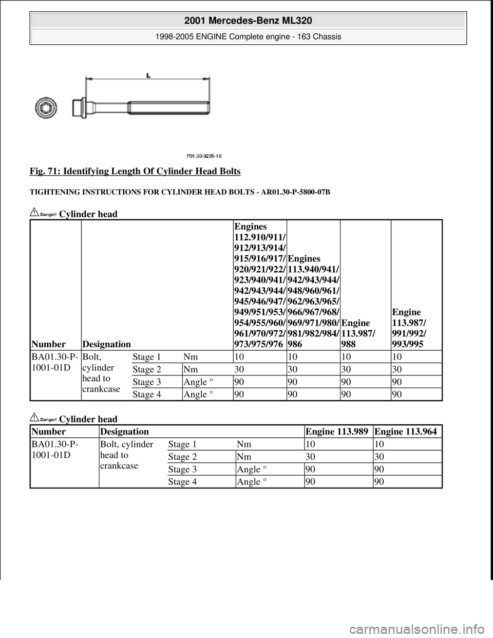 MERCEDES-BENZ ML350 1997  Complete Repair Manual Fig. 71: Identifying Length  Of Cylinder Head Bolts 
TIGHTENING INSTRUCTIO NS FOR CYLINDER HEAD BOLTS - AR01.30-P-5800-07B 
 Cylinder head  
 Cylinder head   
NumberDesignation
Engines  
112.910/911/ 