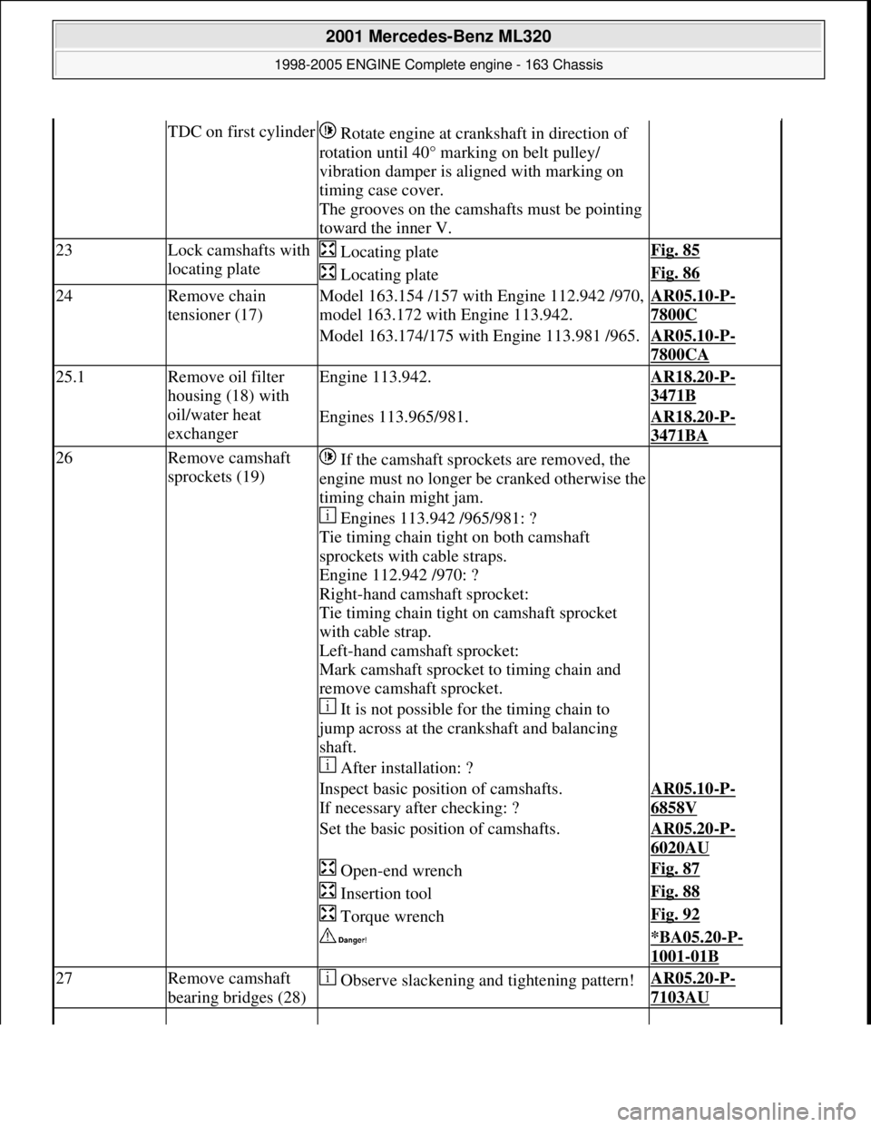 MERCEDES-BENZ ML350 1997  Complete Repair Manual TDC on first cylinder Rotate engine at cra nkshaft in direction of  
rotation until 40° marking on belt pulley/  
vibration damper is al  igned with marking on  
timing case cover.  
The grooves on t