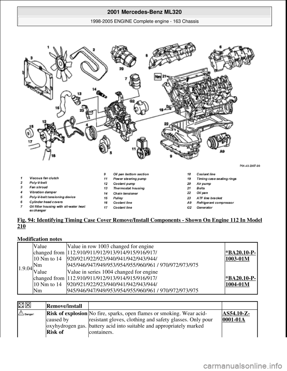 MERCEDES-BENZ ML350 1997  Complete Repair Manual Fig. 94: Identifying Timing Case  Cover Remove/Install Components - Shown On Engine 112 In Model 
210  
Modification notes   
1.9.04
Value  
changed from  
10 Nm to 14  
NmValue in row 1003 changed fo