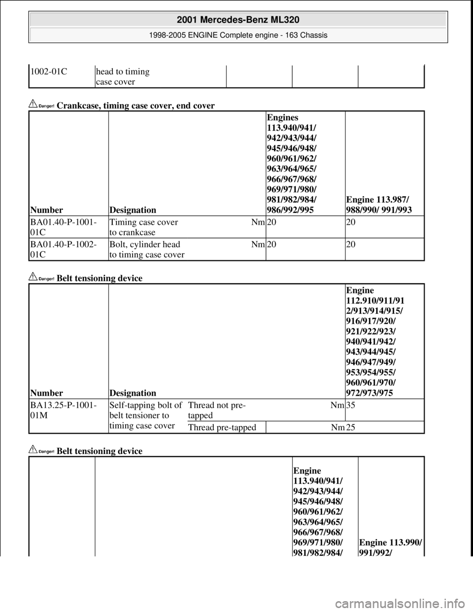 MERCEDES-BENZ ML350 1997  Complete Repair Manual  Crankcase, timing case cover, end cover   
 Belt tensioning device    
 Belt tensioning device   
1002-01Chead to timing  
case cover
NumberDesignation
Engines 
113.940/941/  
942/943/944/  
945/946/