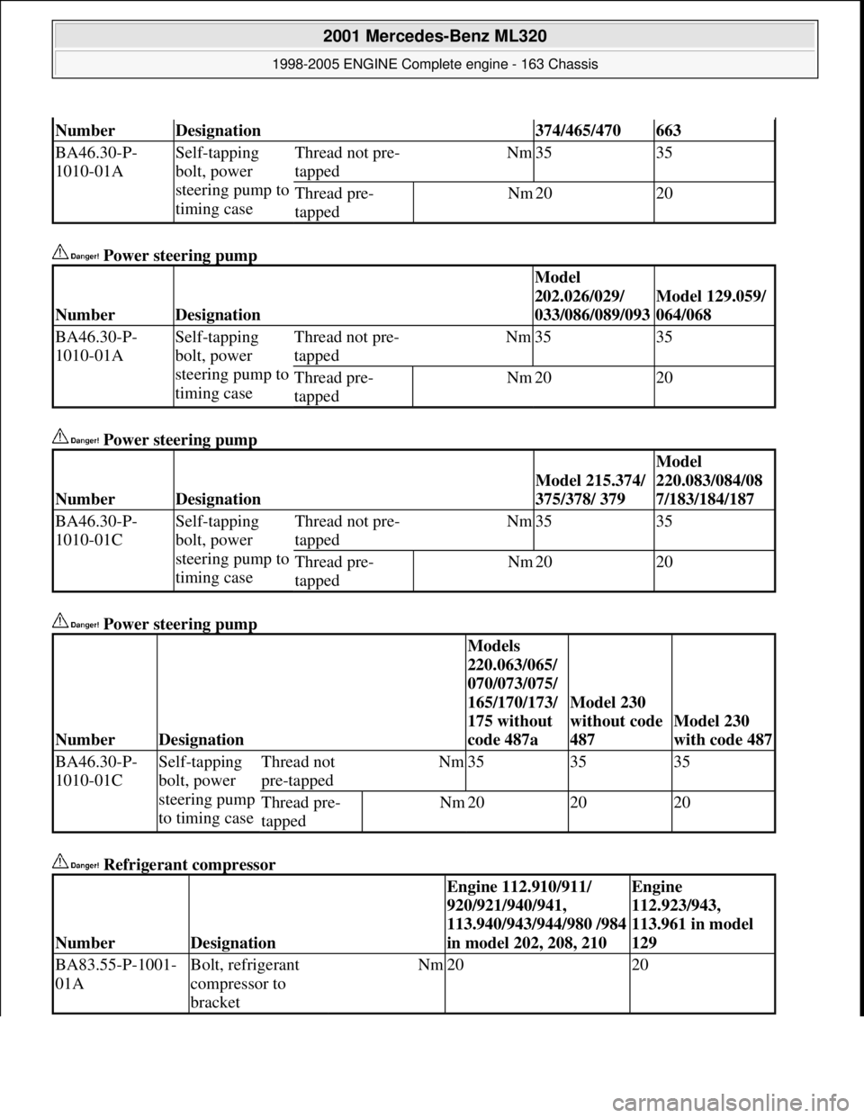 MERCEDES-BENZ ML350 1997  Complete Repair Manual  Power steering pump   
 Power steering pump    
 Power steering pump    
 Refrigerant compressor   
NumberDesignation374/465/470663
BA46.30-P- 
1010-01ASelf-tapping 
bolt, power  
steering pump to  
